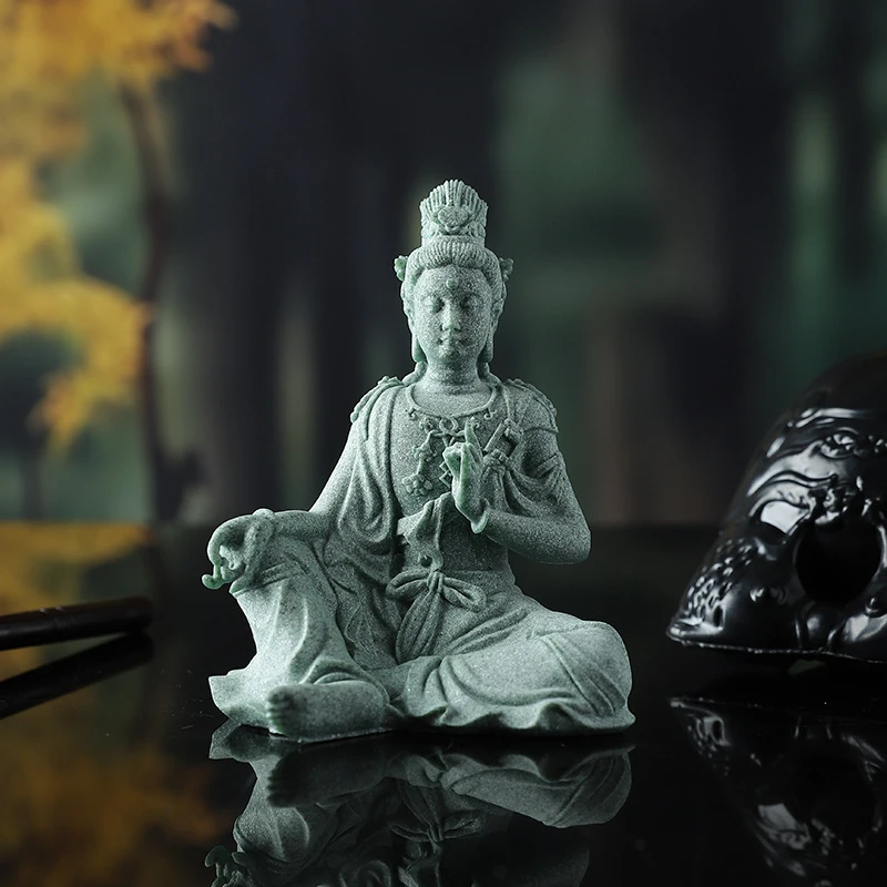 新中式观音佛像石狮子弥勒佛摆件青砂石如来禅房茶室鱼缸造景摆设