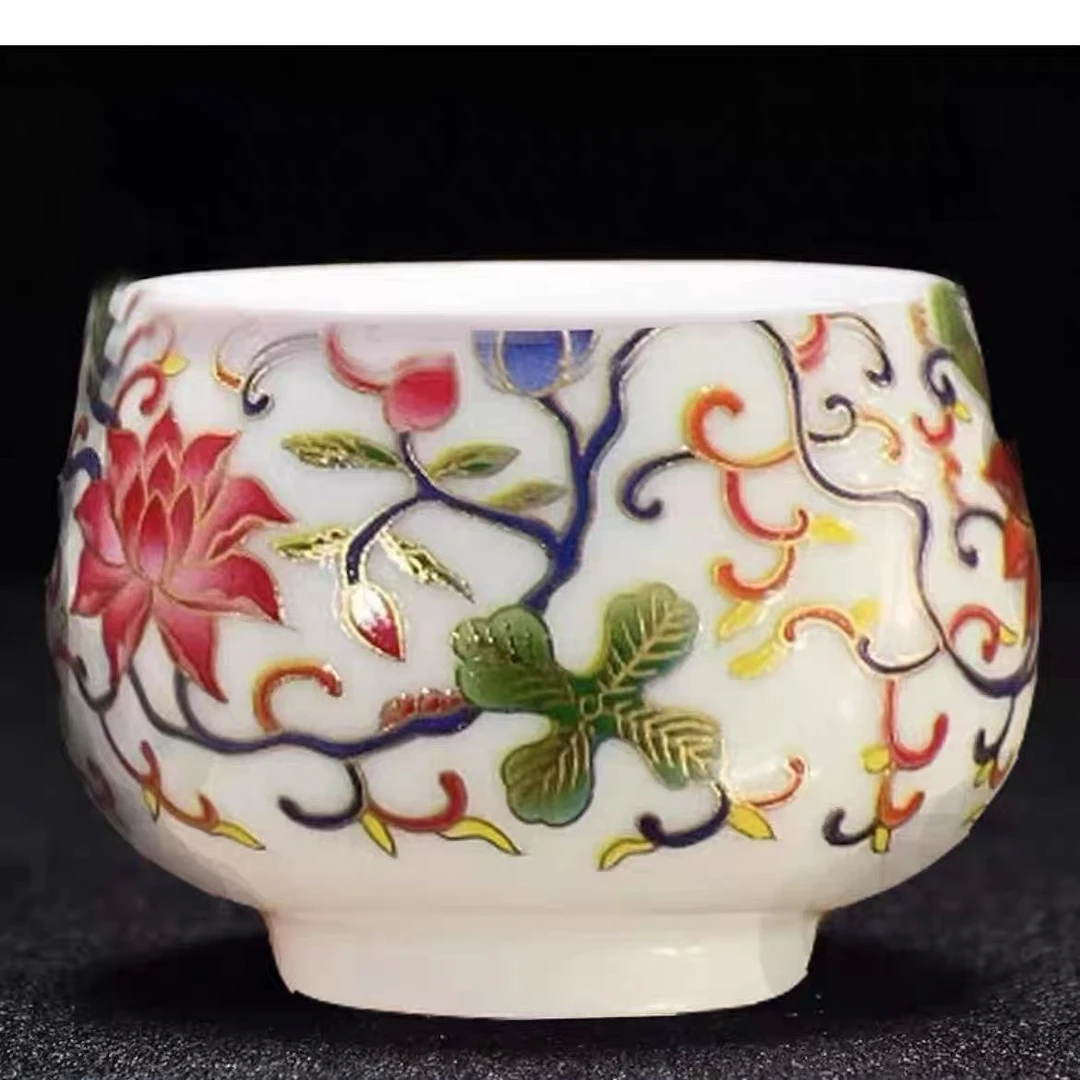 白瓷缠枝莲罗汉杯珐琅彩淡粉缸杯花卉女士杯火莲花葫芦叶办公茶杯