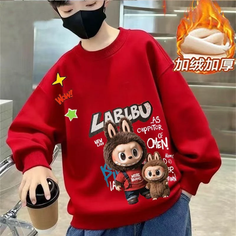 儿童红色拜年服卫衣2026新款男童冬季拉布加绒上衣男孩百搭T恤潮