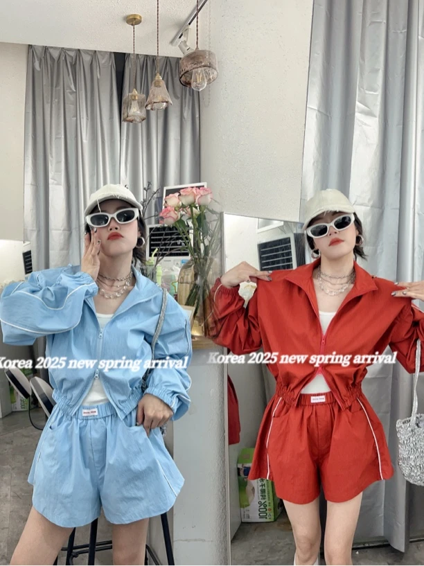 美式休闲运动套装薄款冲锋衣长袖外套短裤两件套显瘦连帽连体百搭