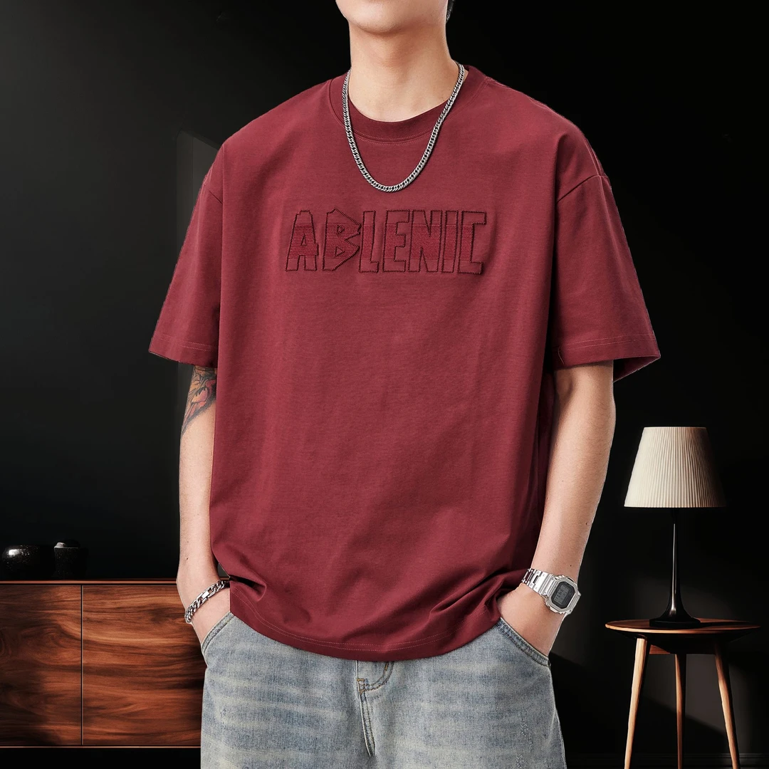 夏季薄款高级感冰丝刺绣短袖T恤男宽松大码潮牌美式街头圆领半袖