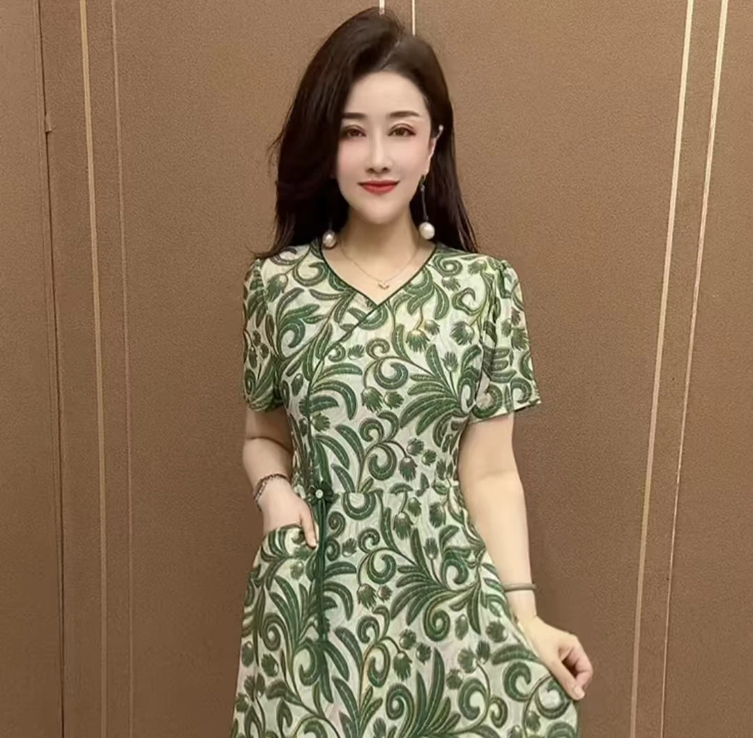 新中式国风妈妈口袋连衣裙短袖收腰显瘦洋气中长款连衣裙