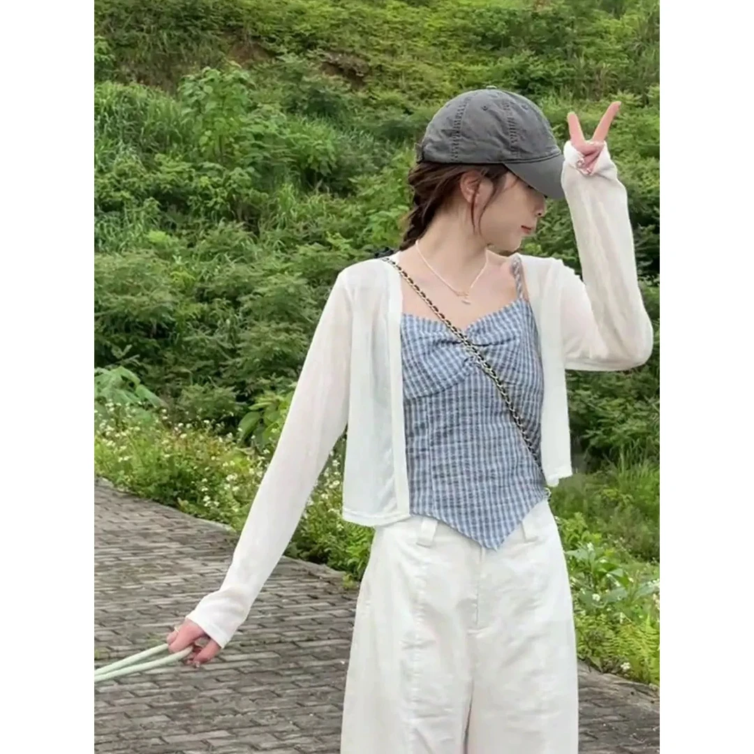 韩系不规则下摆短款格子吊带＋纯色百搭开衫2025秋季新款两件套女