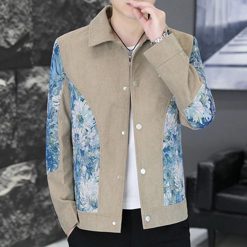 狄佛蒙特秋季灯芯绒外套男士韩版修身潮流时尚翻领外套拼色夹克衫