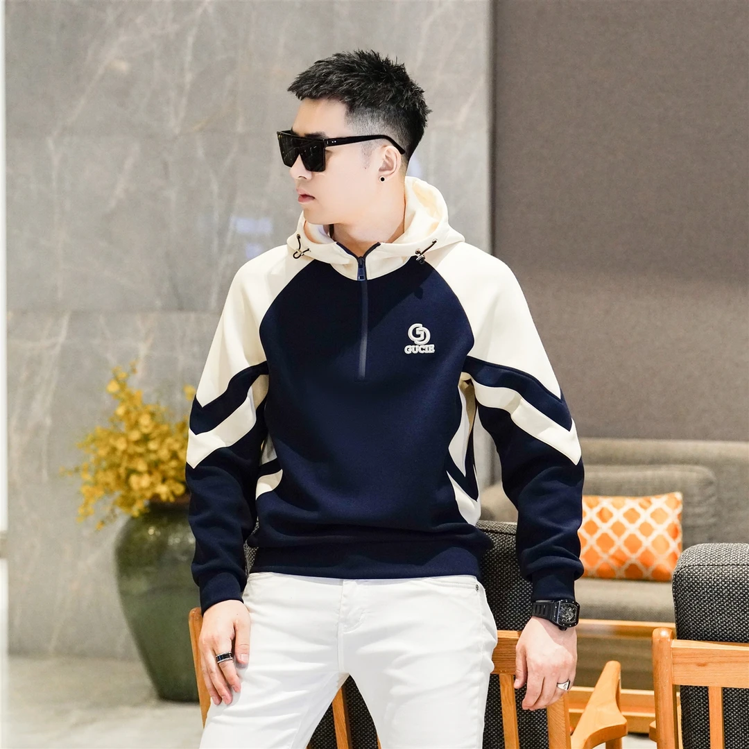 高品质潮牌撞色拼接连帽半拉链卫衣男秋冬休闲痞帅新款运动外套男