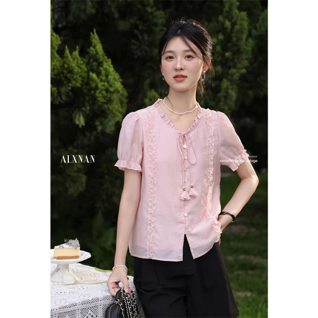 鹿向南「落樱浅夏」气质法式粉色木耳边衬衫女短袖上衣L56035
