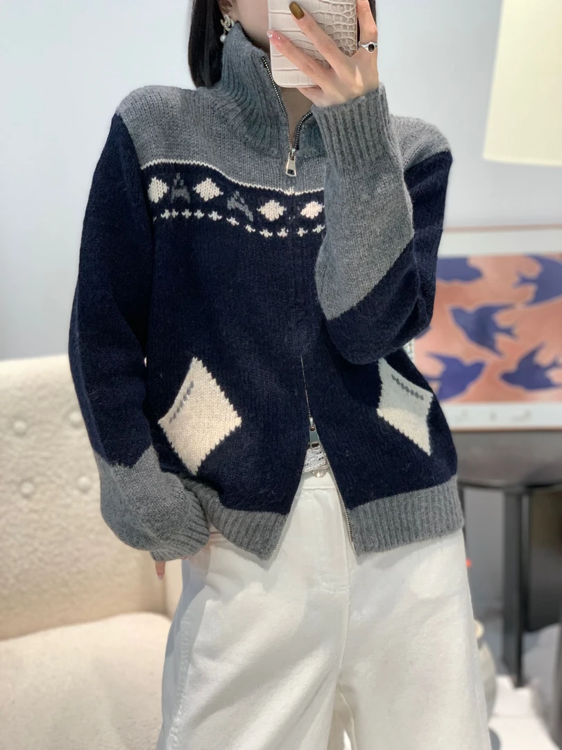 韩式毛衣女拼色上衣针织衫时尚加厚海军领撞色提花毛针织衫B036#