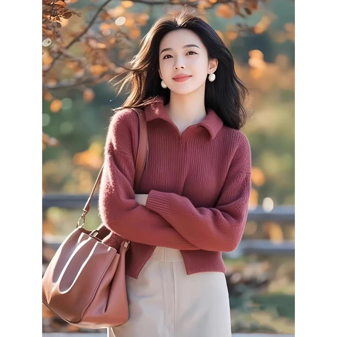 紫红色翻领开叉设计加厚针织衫女款2024新款深秋初冬穿搭上衣