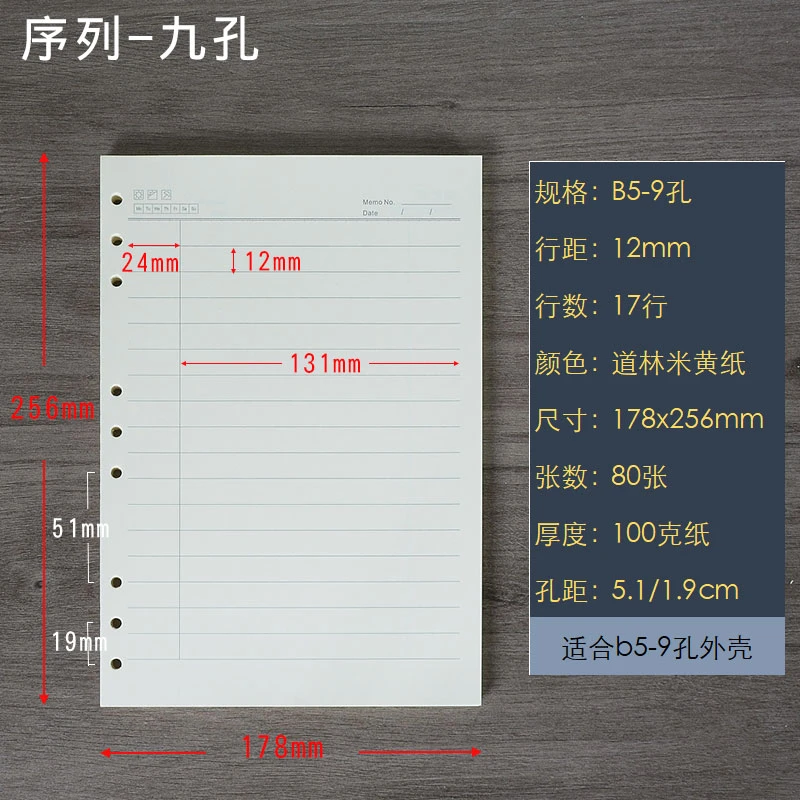注解序列B5活页本替芯12mm大格左边竖线26孔活页纸单词本九孔26孔