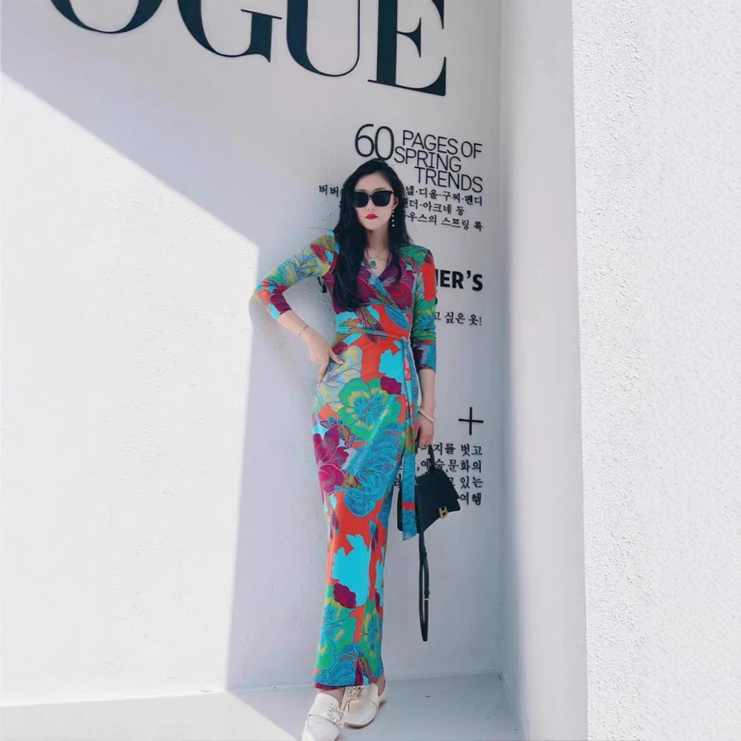 PG DVF蓝橙大丽花裹身裙弹力气质收腰显瘦修身度假风一片式绑带连