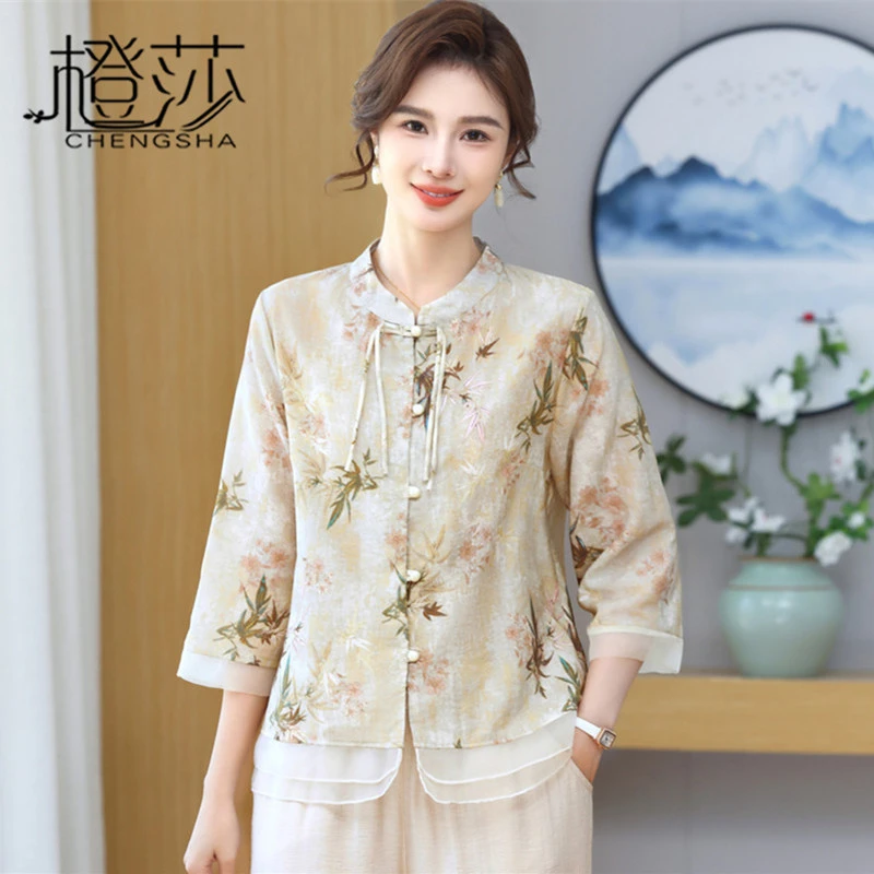 母亲节妈妈夏装衬衫洋气减龄开衫中老年女春夏七分袖上衣国风套装