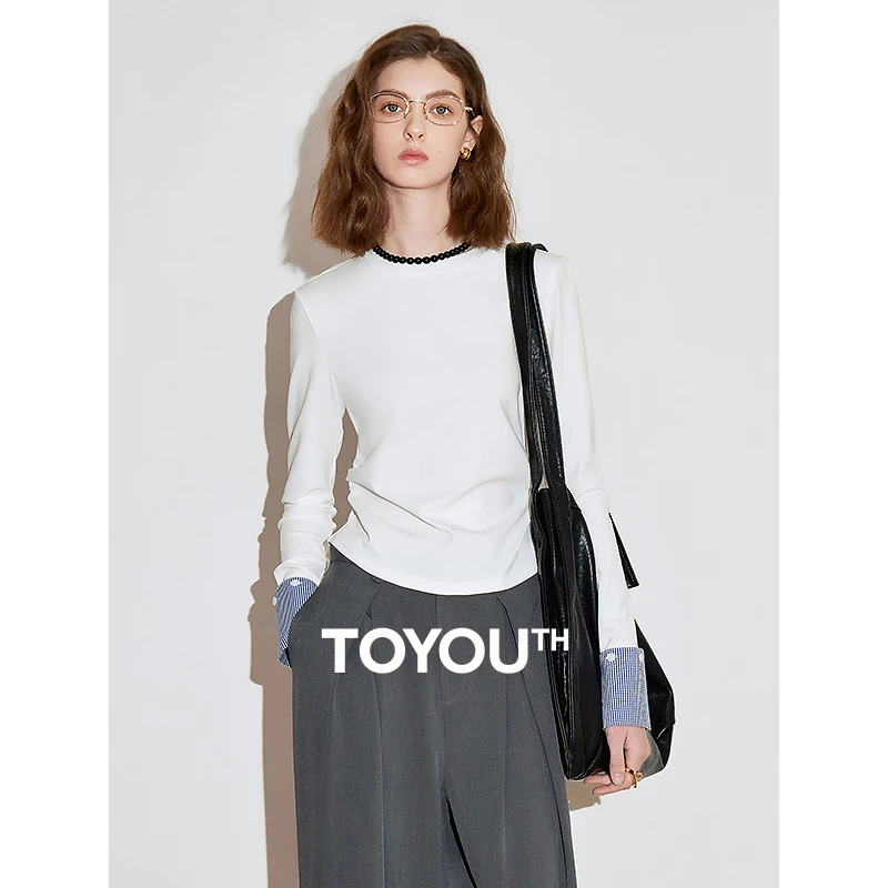 初语25年早春长袖t恤收腰拼接格纹假两件洋气上衣8511044