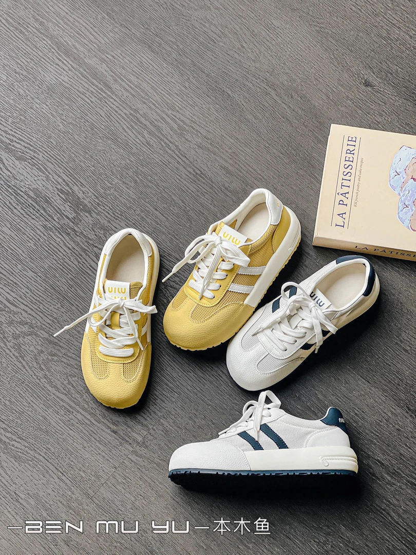 真皮德训鞋女2025夏季款厚底透气网面舒适软底百搭时尚休闲运动鞋