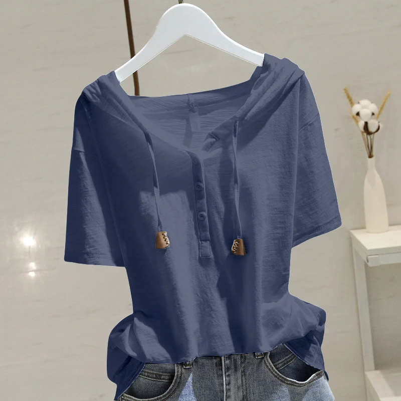 正品竹节棉牛皮连帽短袖t恤女士夏季纯棉显瘦时尚洋气宽松帽衫潮