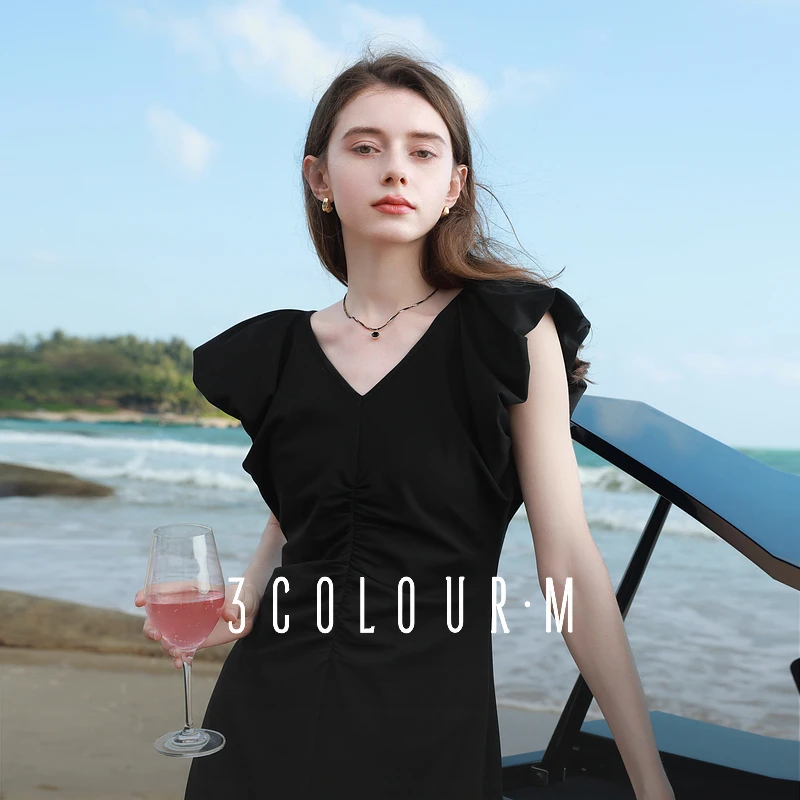 三彩2025夏季新款法式小黑裙飞飞袖修身连衣裙气质长裙黑色连衣裙