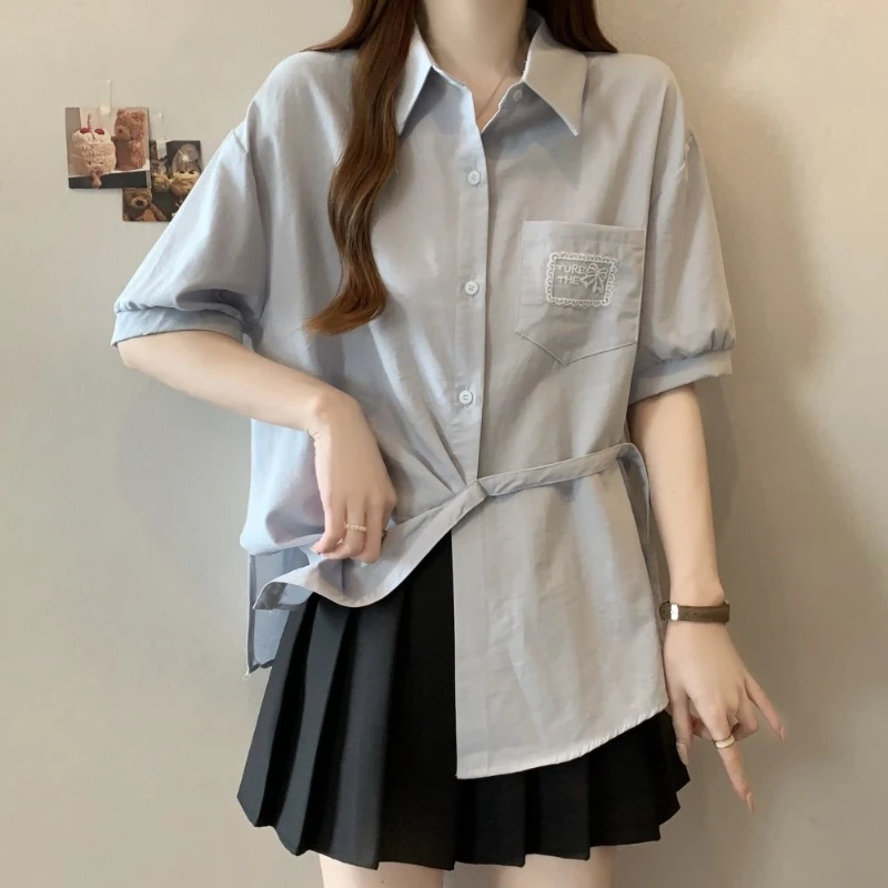 大码设计感口袋短袖衬衫女夏新款胖MM宽松显瘦百搭洋气不规则上衣