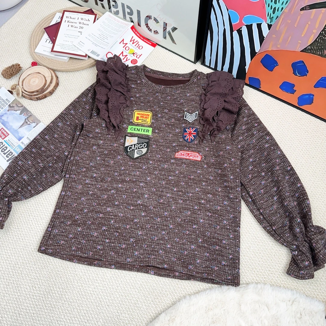 2024冬季新款休闲时尚百搭拼荷花边蕾丝打底长袖T恤8089