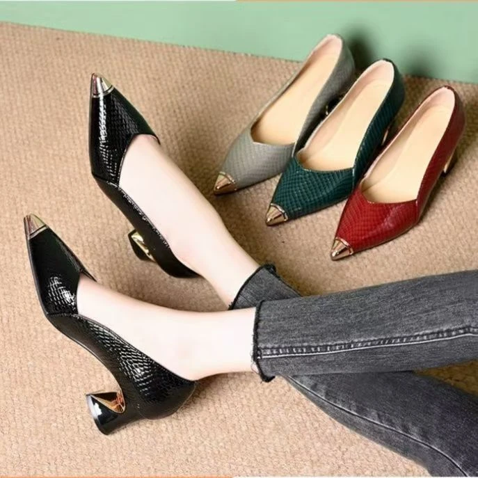 头层牛皮尖气质浅口中跟单鞋夏季法式女鞋舒适防踢不累脚高跟鞋女