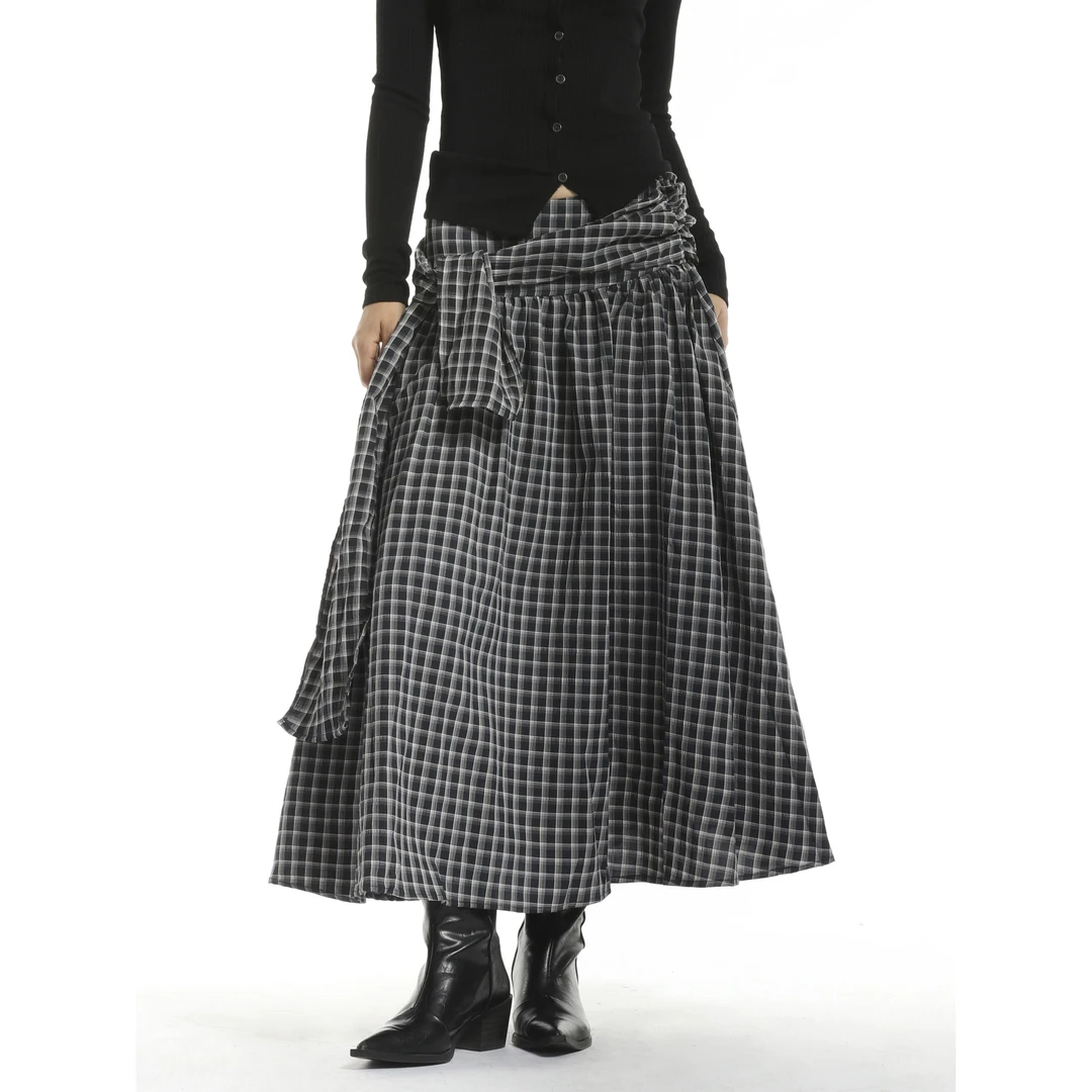 Mce trap 格纹百搭绑带时髦格子裙侧边拉链半身裙