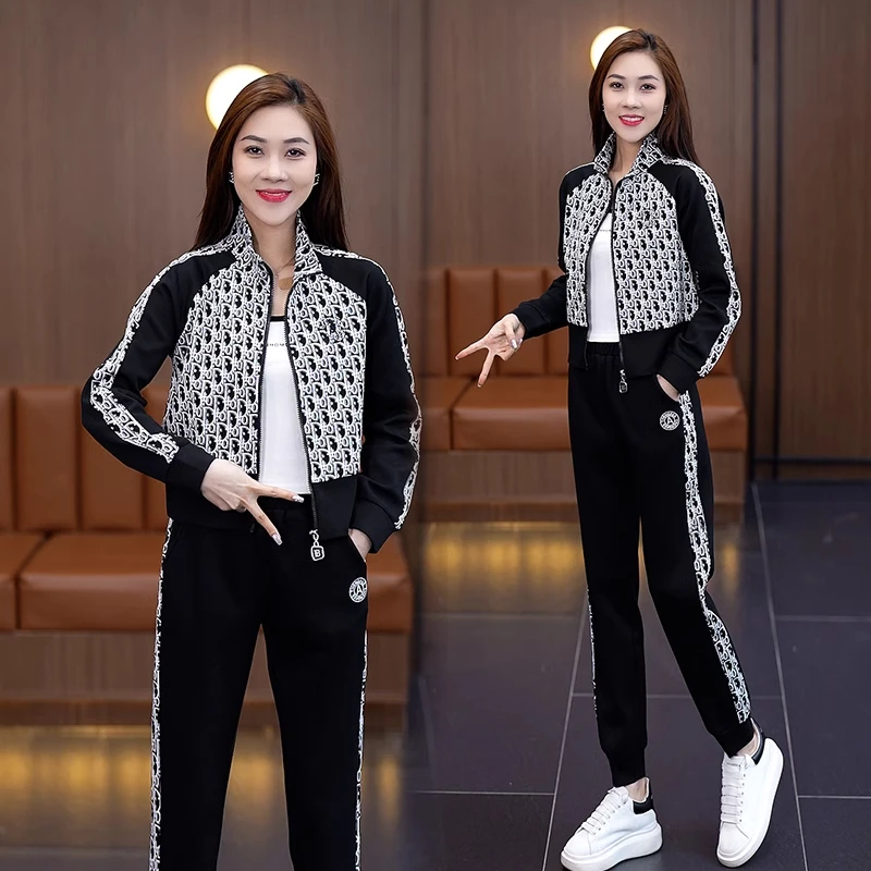 休闲运动套装女春秋新款时尚拼色开衫长袖卫衣束脚裤跑步服两件套