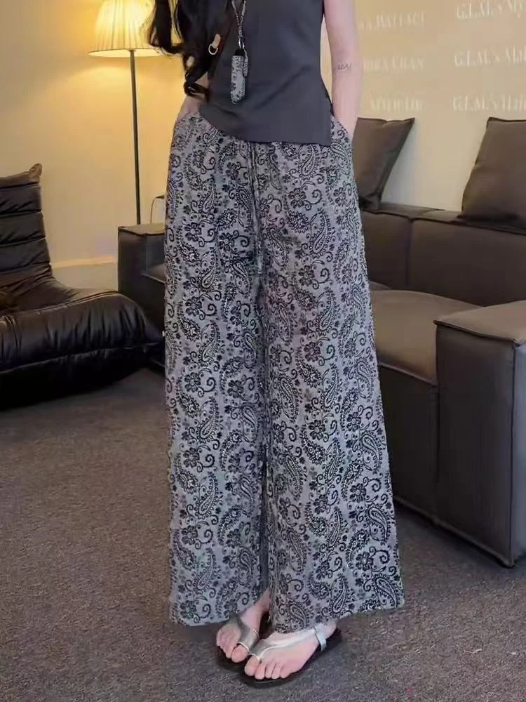 6822#慵懒风独特超好看高腰碎花休闲直筒阔腿裤子女新款（约100）