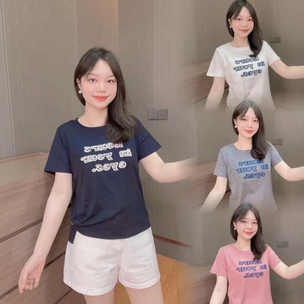 御妍婷刺绣英文短袖显瘦正肩圆领t恤女百搭弹力新款上衣1026