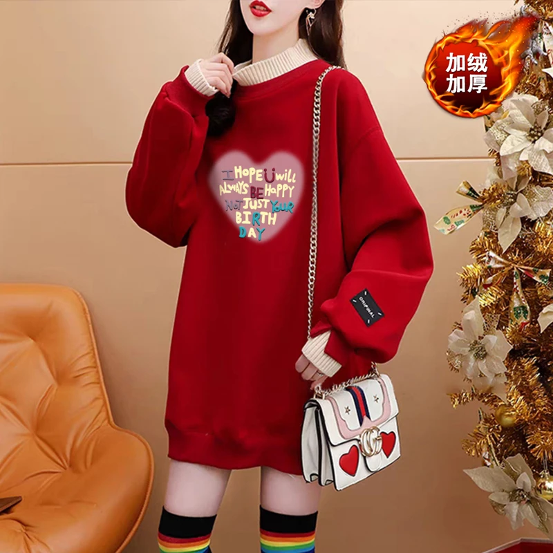 假两件半高领加绒加厚卫衣2024新款本命年红色女装喜庆拜年上衣服