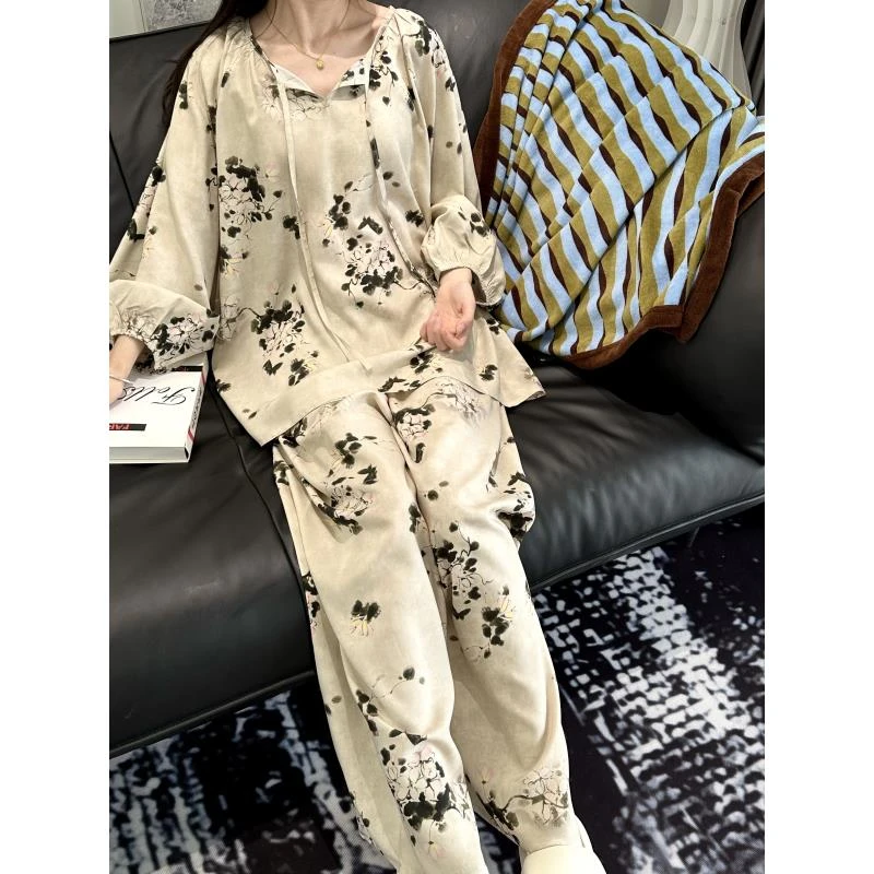 2025夏季碎清欢外穿时尚家居服减龄休闲棉绸睡衣空调服套装薄款