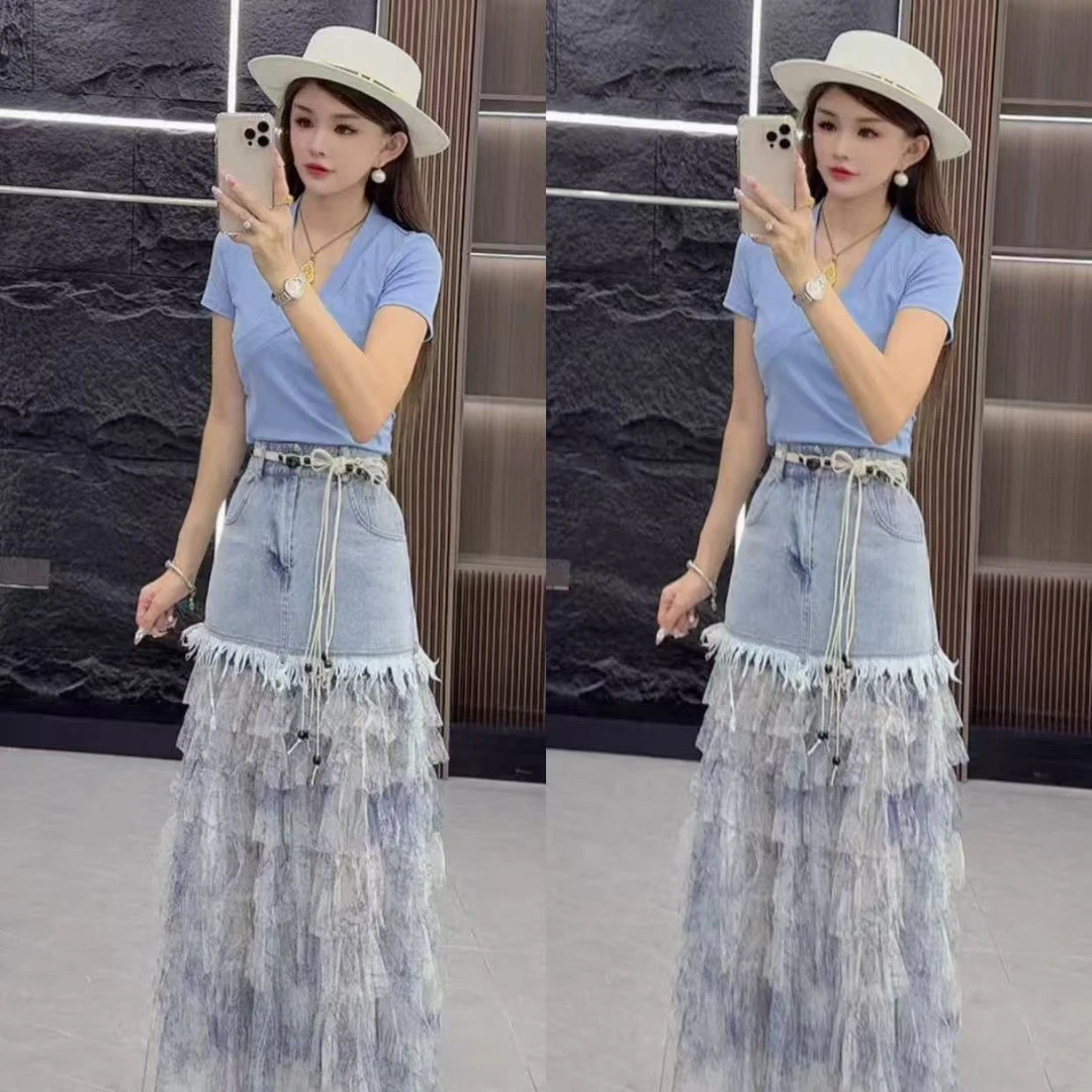 精品8312 气质设计感不规则领短袖上衣 加 网纱拼接长裙 两件套