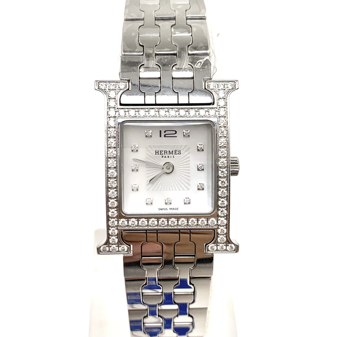 99新 Hermes/爱马仕 H.Hour/精钢/内外原镶钻/石英/表径21mm/女表