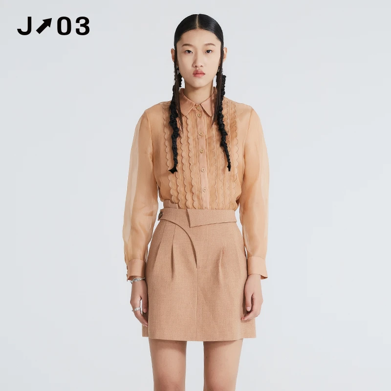 J03女装 春季新款衬衫 时尚设计感拼接桑蚕丝衬衣