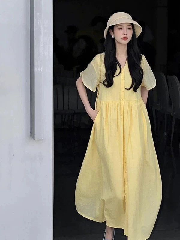 妮妮家25063夏季新品纯色单排扣气质休闲连衣裙