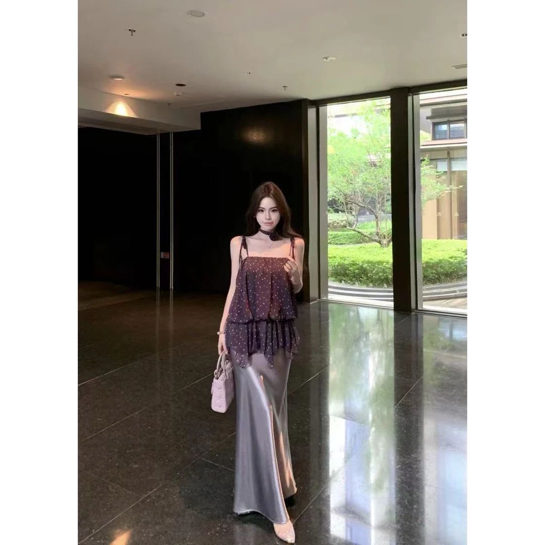 紫色波点飘带背心女夏宽松无袖外穿设计感纯欲上衣+半身裙