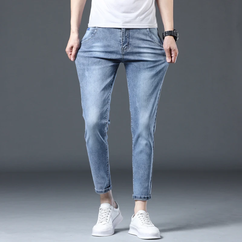 (四色可选九分裤)春夏新款斜口袋显瘦小脚牛仔裤中腰简约9分裤男