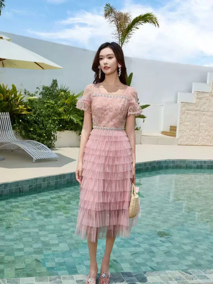 新款高级重工订珠刺绣显瘦小个子夏季法式特价蛋糕连衣裙长裙裙子