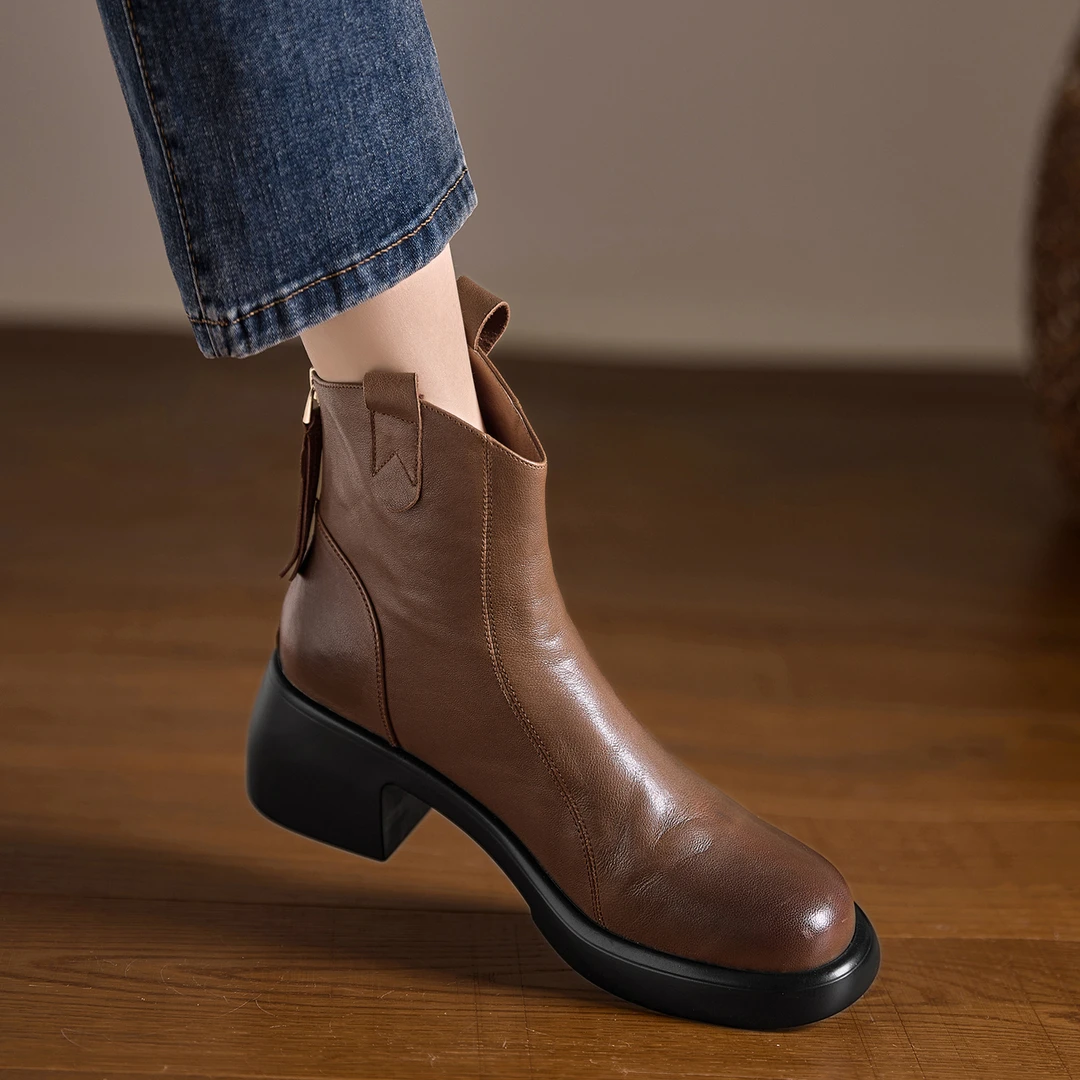 小个子手工女鞋5.5cm~圆头厚底防水台高跟靴子女舒适中筒粗跟短靴