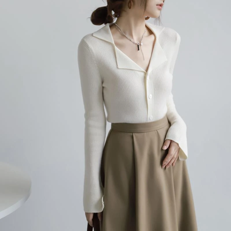 修身弹力纯色POLO领针织开衫春季新款简约时尚通勤气质显瘦上衣女