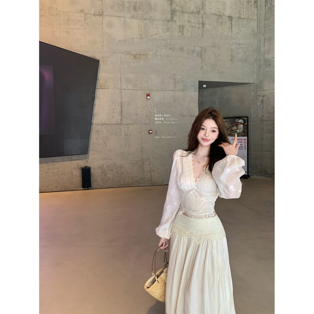 气质长袖蕾丝雪纺衫上衣套装女时尚百搭优雅拼接半身长裙子两件套