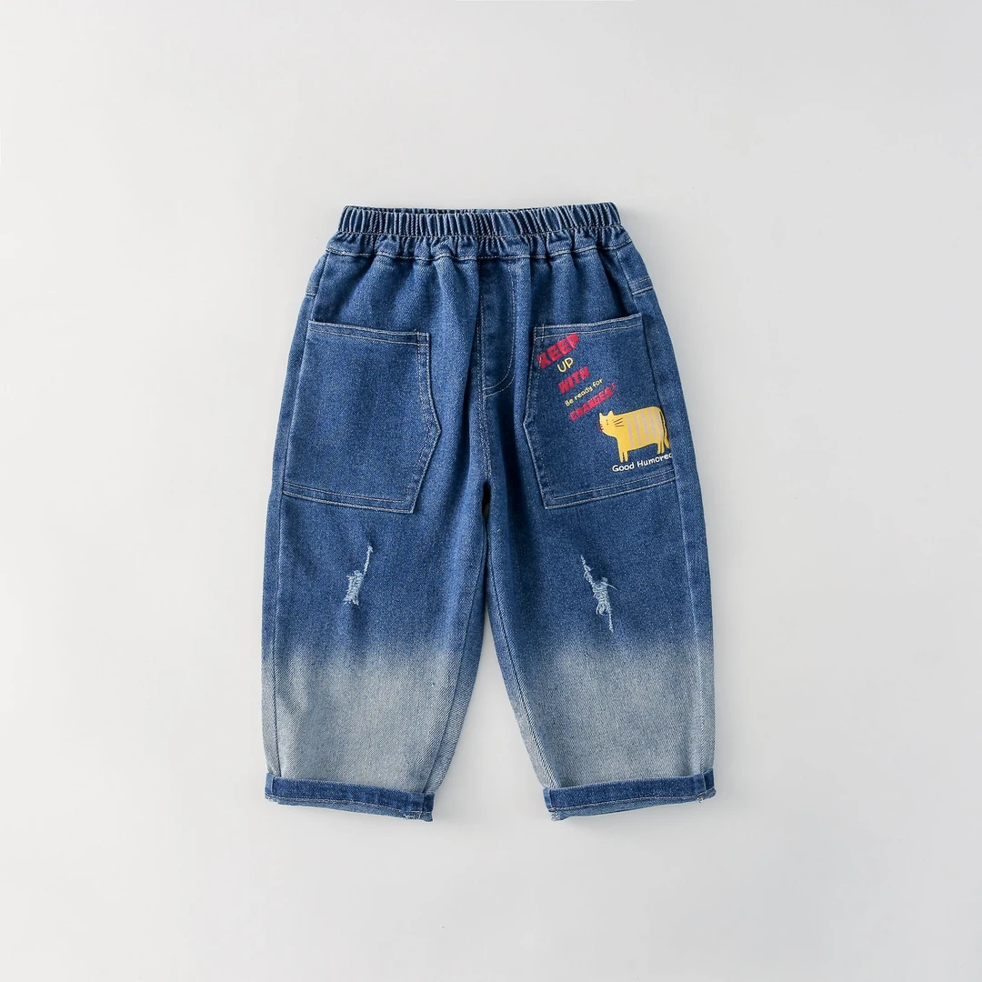 童装渐变痞帅牛仔裤春秋季男童印花直筒长裤QM66836