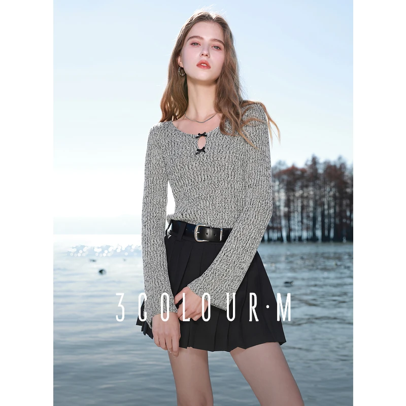 三彩2025春季新款修身针织衫V领镂空蝴蝶结花灰色套头衫时髦M