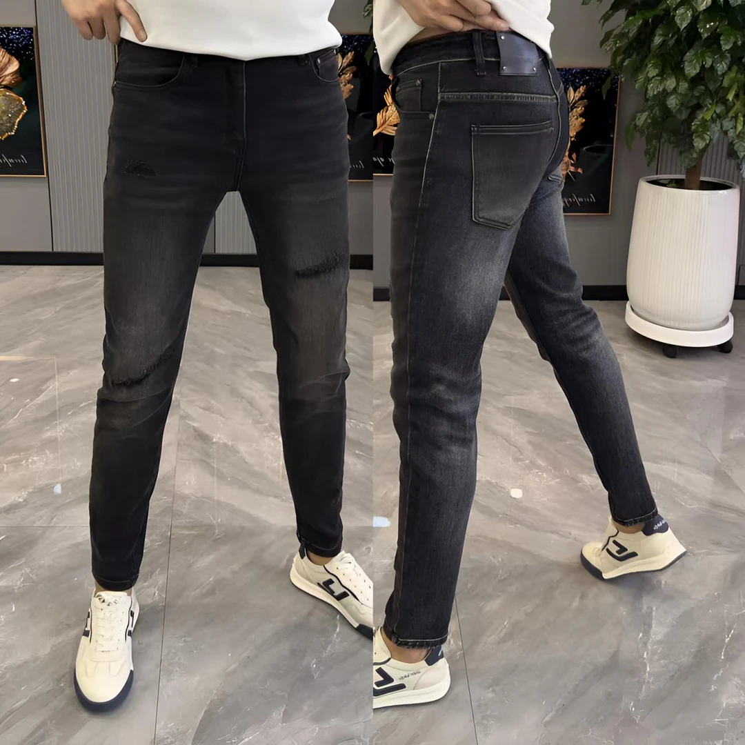 裤子男款秋季新款男裤时尚破洞水洗做旧长裤修身牛仔裤黑色男款