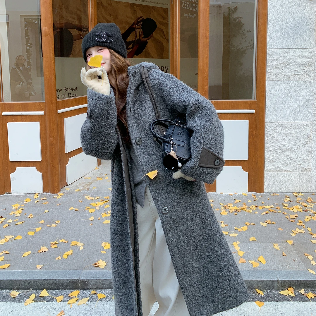 灰色高级宽松夹棉设计感毛呢外套女2025冬季新款连帽长款呢子大衣