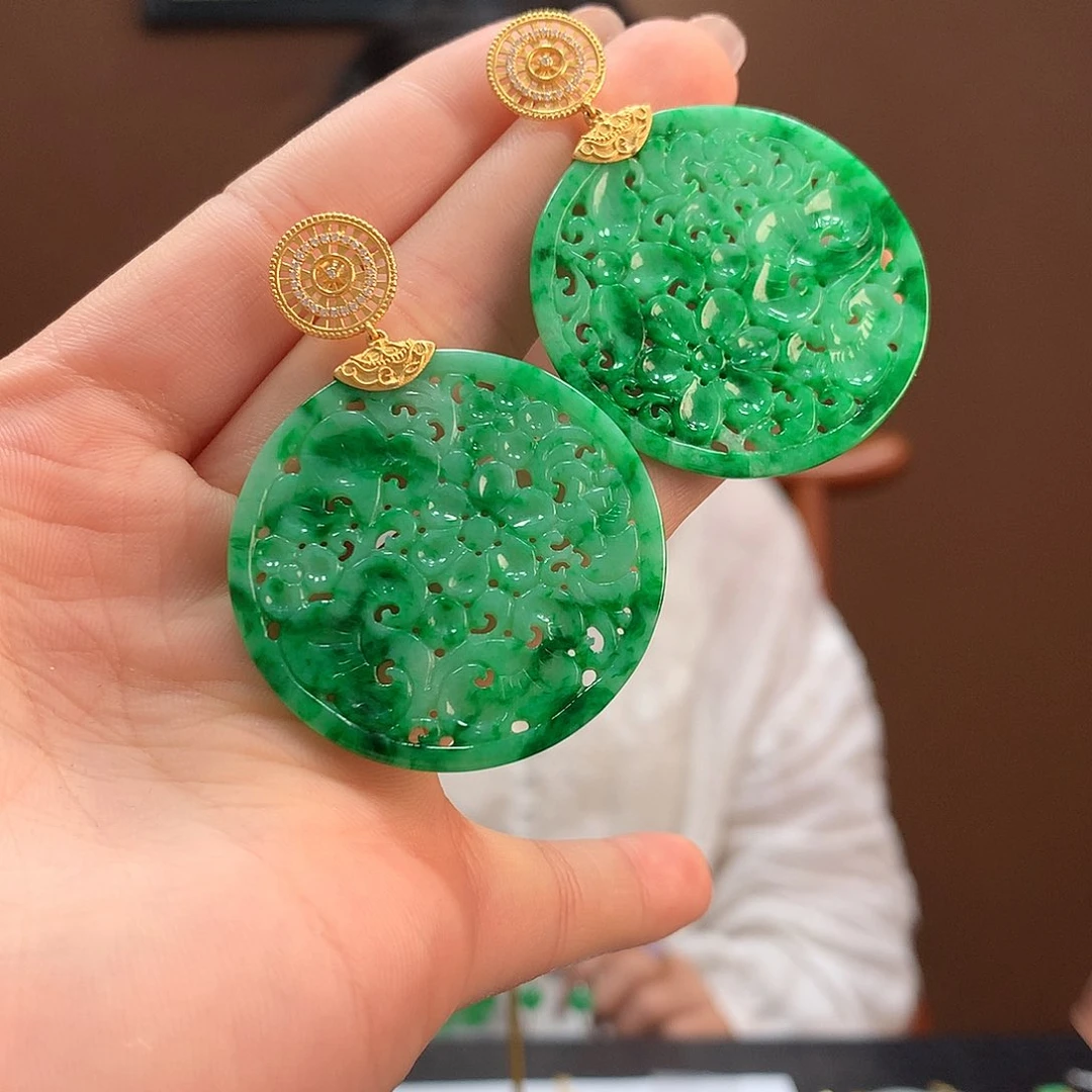 短***发翡翠18K金镶嵌耳饰耳饰