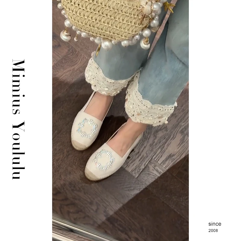 高定款 春夏手工水钻棉麻羊皮渔夫鞋(跟高3cm/可踩脚穿) WG03306