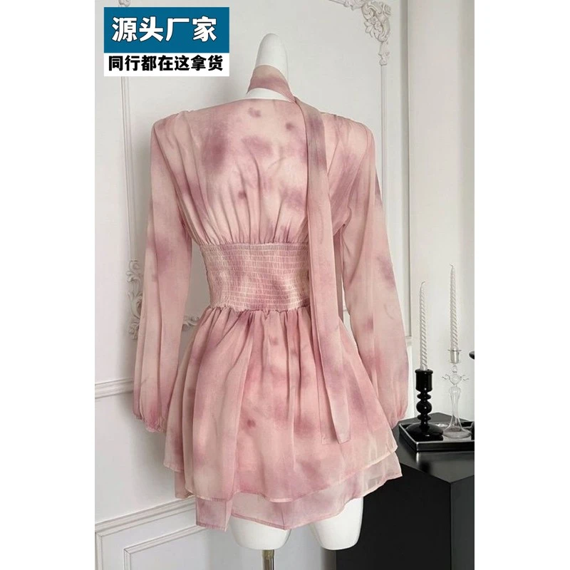 梵乐芬v领泡泡袖雪纺连衣裙长袖春夏收腰不规则飘带仙女晕染碎花