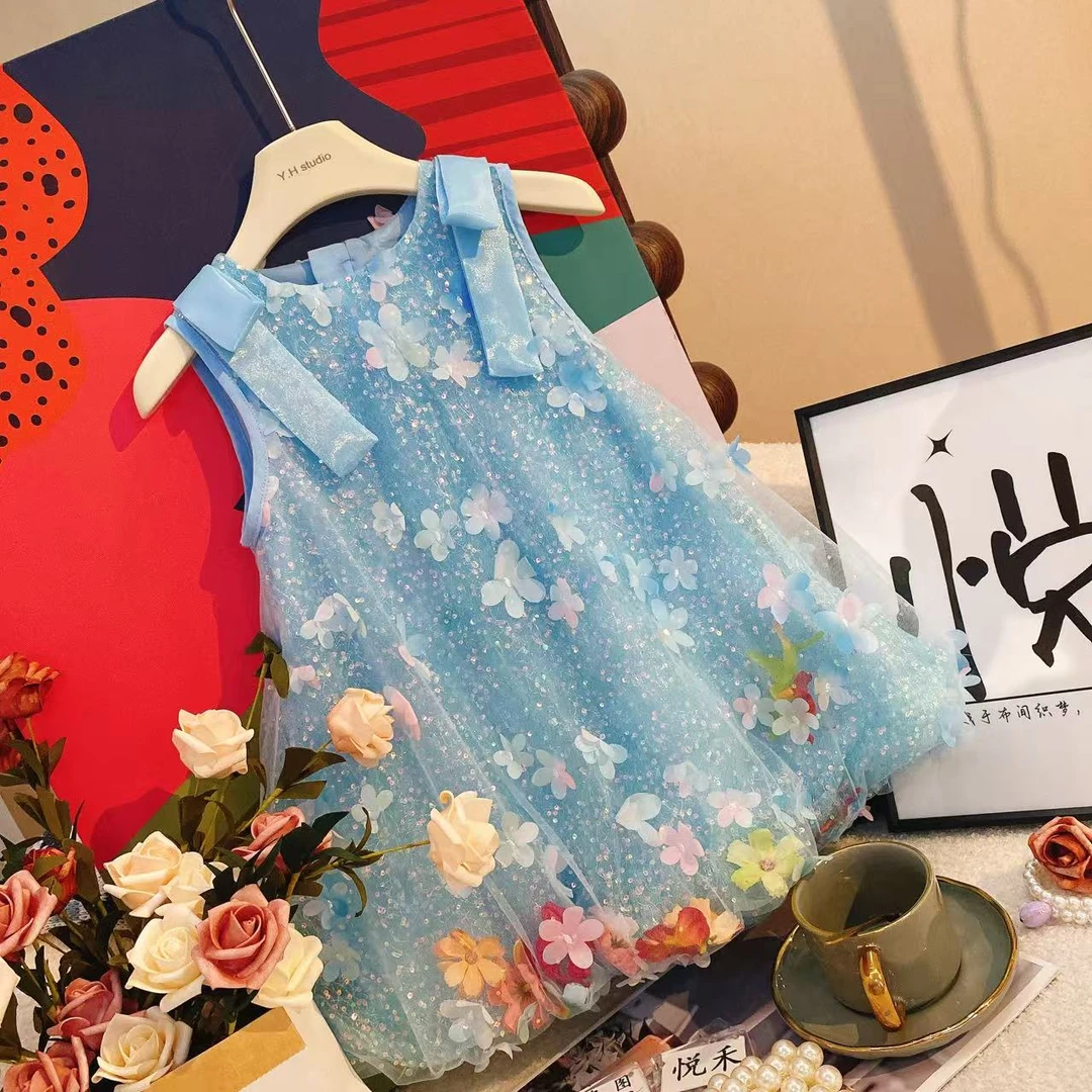 M女童蓝色吊带时尚夏季新款女宝甜美洋气儿童连衣裙80196