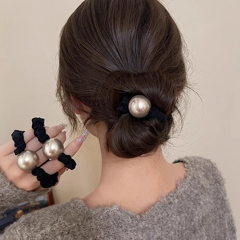 法式简约珍珠发绳女百搭扎发头绳大肠高弹力马尾新款网纱橡皮筋