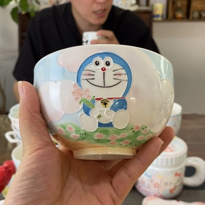 豹***猫瓷片双耳啵波碗景德镇釉下彩手绘
