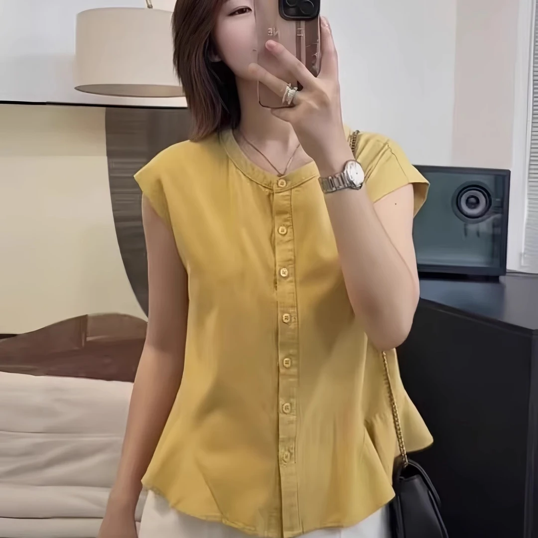 韩版荷叶边小飞袖衬衫女2025夏季新款超好看别致绝美短袖小上衣