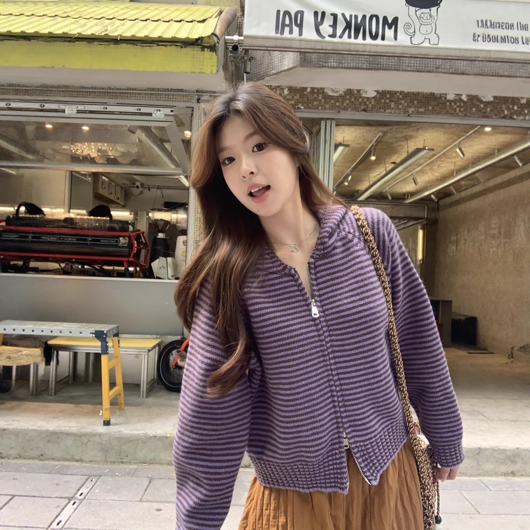 实拍2025~韩系温柔风百搭条纹双头拉链毛衣连帽外套针织开衫